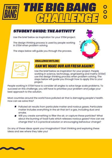 Graphic image of The Big Bang Challenge resource. Text reads 'Big Bang Challenge. Student Guide: The activity.'