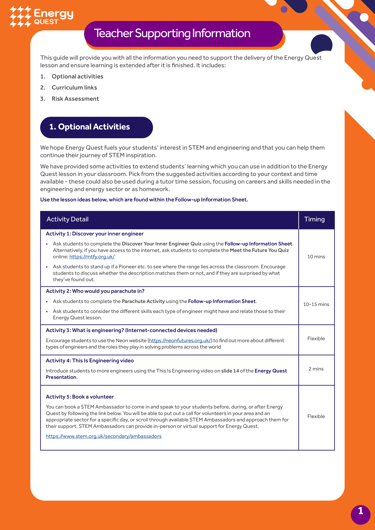 Graphic image of Energy Quest lesson - teacher supporting information