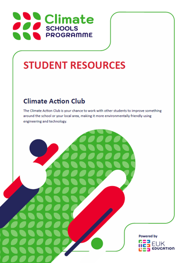 graphic image of climate action club resource with green and red icons. Text reads 'student resources. Climate action club.'