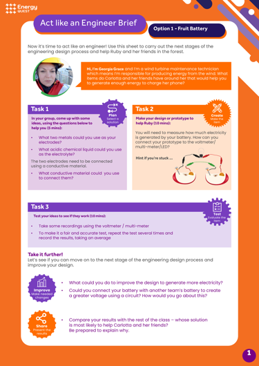 Graphic image of Energy Quest lesson - act like an engineer brief