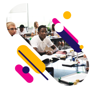 Crop of an image of young people in a school science lab. Graphics have been applied to the cropped area.