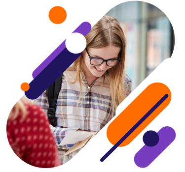 A crop of a young person reading a letter smiling. The image is overlaid with graphic devices.