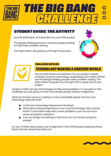 Graphic image of The Big Bang Challenge resource. Text reads 'Big Bang Challenge. Student Guide: The activity.'
