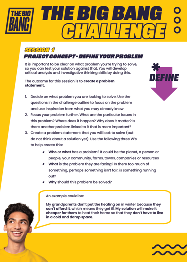 Graphic image of The Big Bang Challenge resource. Text reads 'Big Bang Challenge. Session 1. Project Concept - Define your problem'