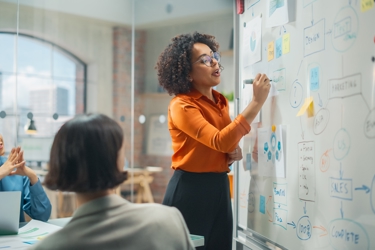 Three people at work in a meeting. One is standing and writing at a whiteboard while the other two look on.