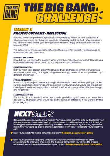 Graphic image of The Big Bang Challenge resource. Text reads 'Big Bang Challenge. Session 3. Project outcome - Reflection'